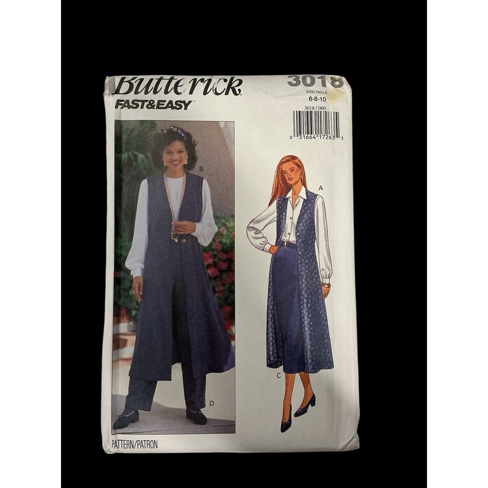 Vtg Butterick Fast & Easy Pattern 3018 Sz 6, 8, 10 (1993) New Uncut